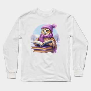 Cute owl Read A Book wearing a  purple hat and scarf Long Sleeve T-Shirt